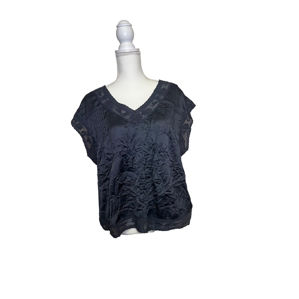Lucky Brand Black Satin Short Sleeve Shirt with Lace Trim Women's Size Large